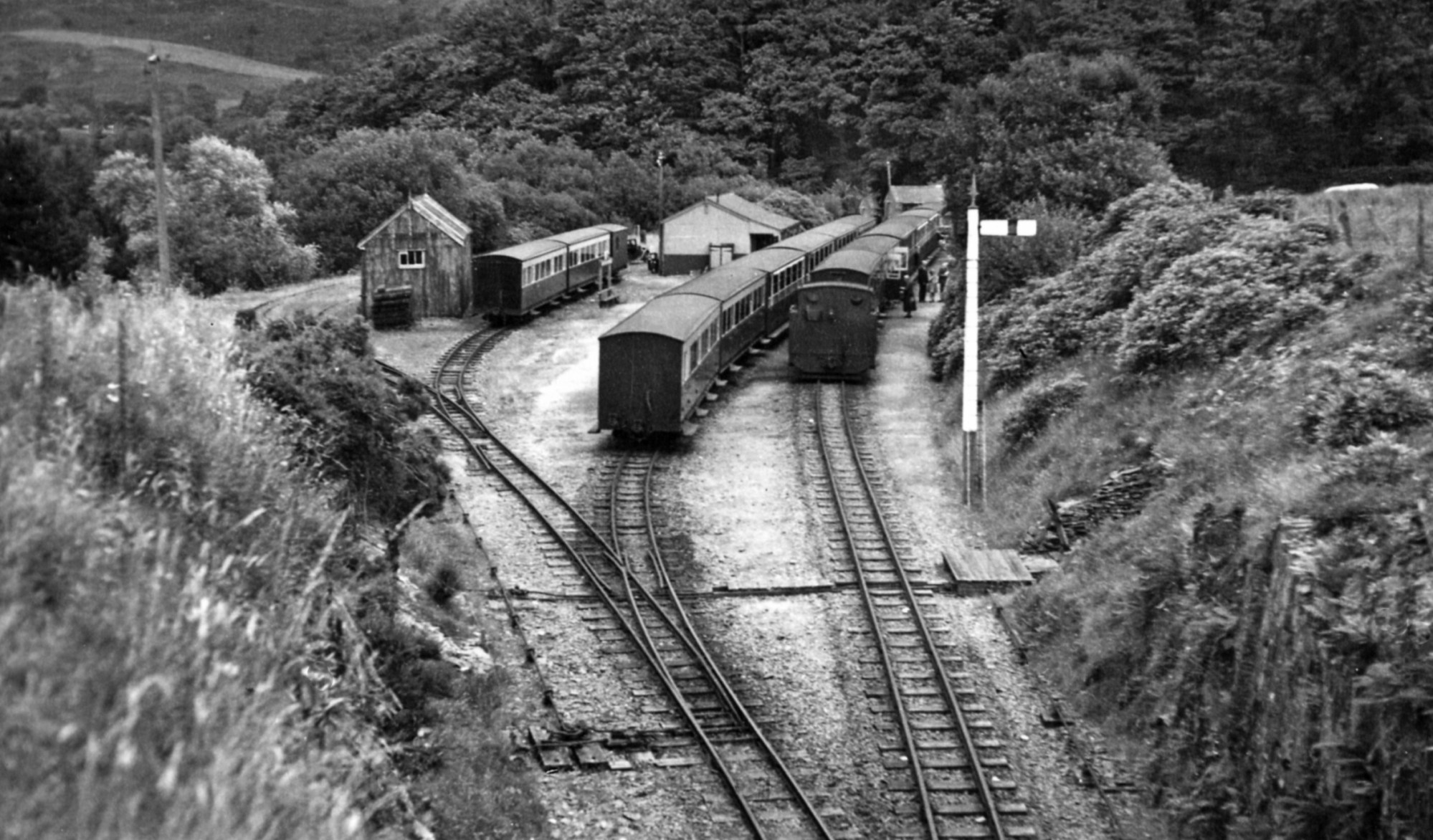 Devils_Bridge_terminus_of_Vale_of_Rheidol_Railway_from_Aberystwyth_1952_geograph_5327003 a train traveling down train tracks near a forest