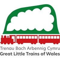 Logo of a red train with green cloud, text: Great Little Trains of Wales.