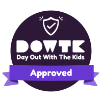 Round logo with 'Day Out With The Kids Approved' and a checkmark shield.