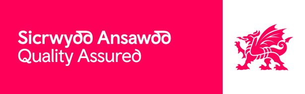 Red logo with Welsh dragon and text 'Sicrwydd Ansawdd Quality Assured'.