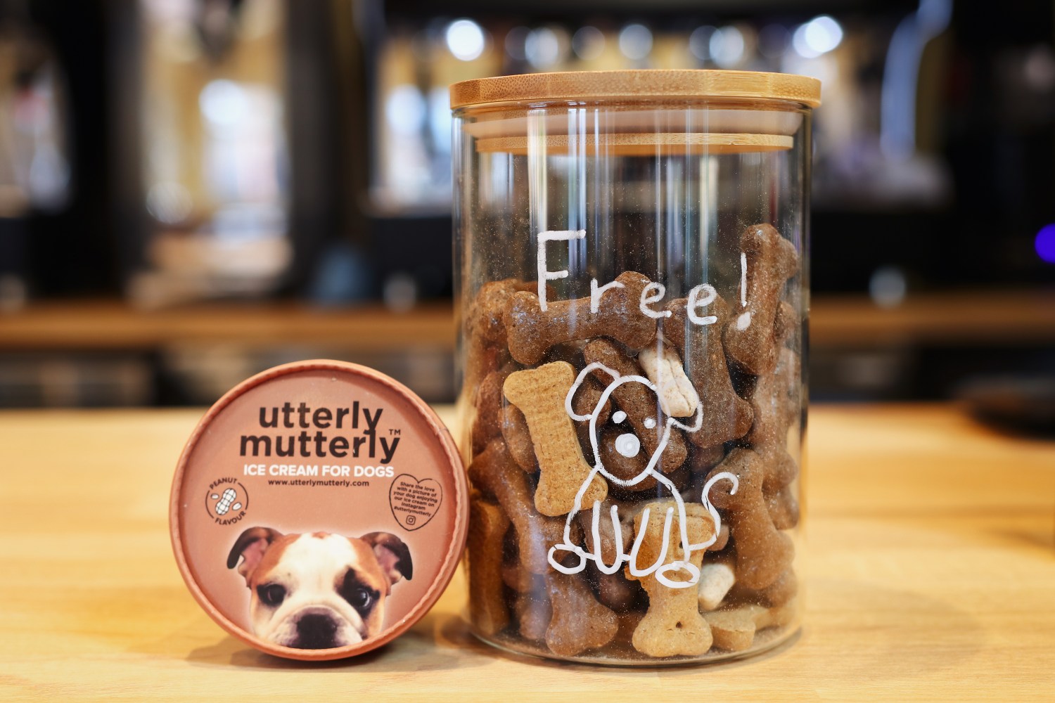 Jar of free dog treats and tub of dog ice cream on a wooden counter.