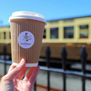 Hand holding a coffee cup with a train in the background.