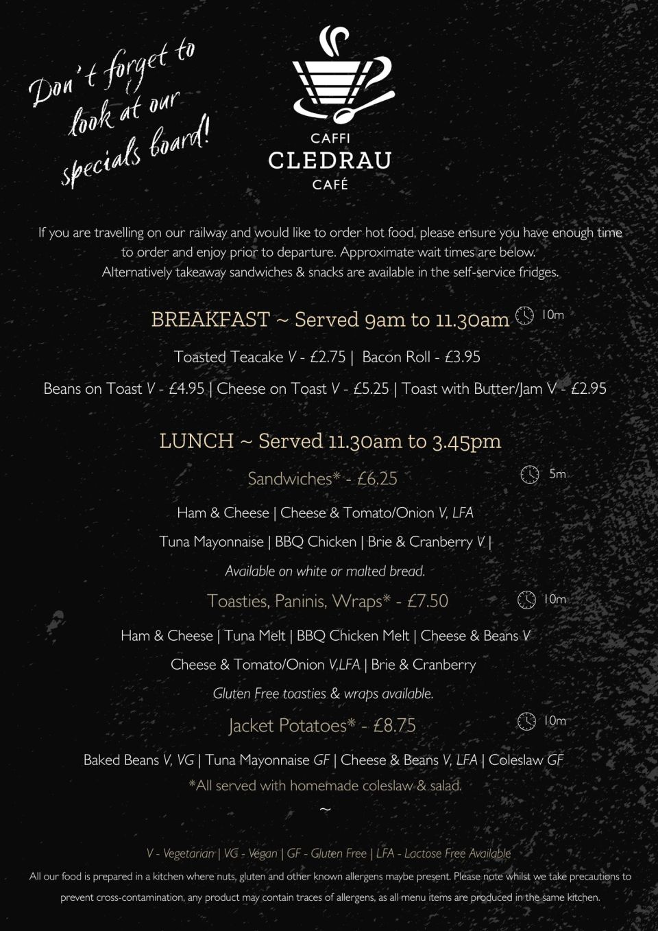 Food Menu NEW (3) Café menu with breakfast and lunch options including sandwiches, toasties, and jacket potatoes.