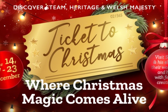 Festive background with 'Ticket to Christmas' and event dates in December, surrounded by lights and ornaments.