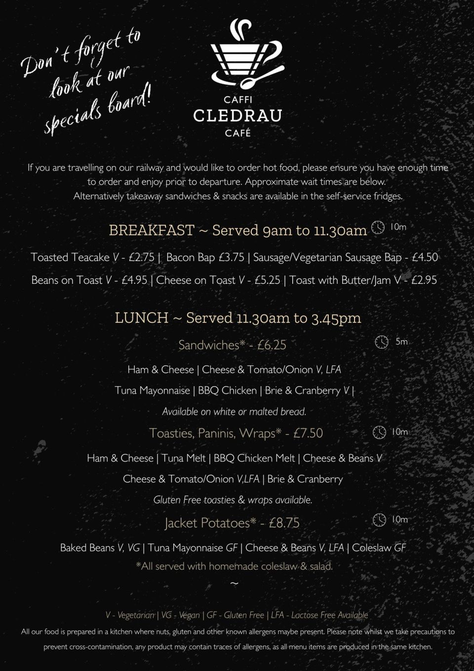 Caffi Cledrau menu with breakfast and lunch options listed, including sandwiches and toasties.