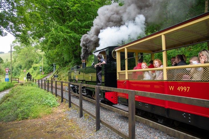 Steam train with passengers in red carriage passing through lush countryside.