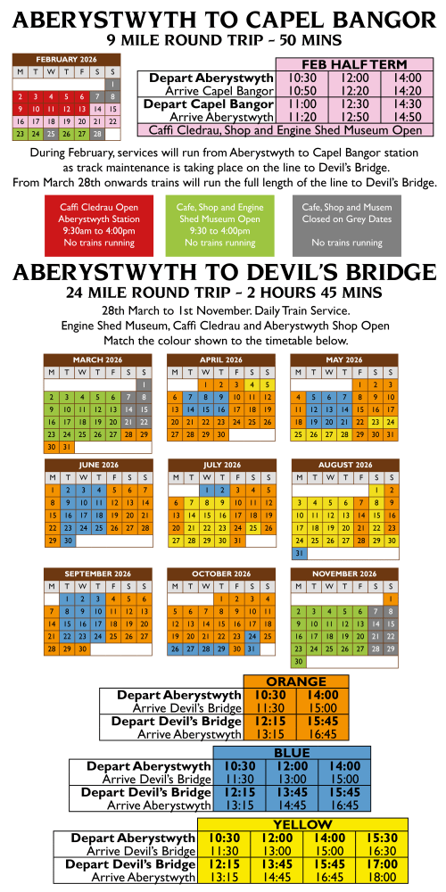 Operating dates with color-coded calendar and times for 2026.