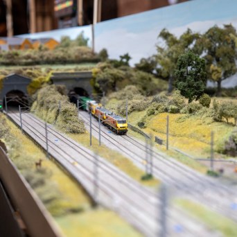 Miniature train set with trains on tracks, tunnels, and lush landscape background.