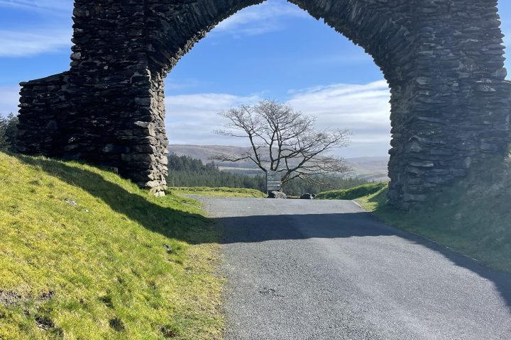Stone arch on a hill with a tree visible through it, under a clear blue sky.