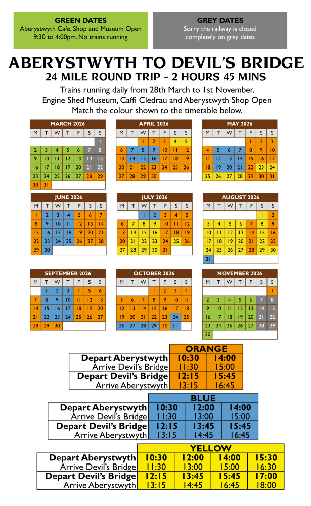 Train schedule from Aberystwyth to Devil’s Bridge in 2026 with marked dates and times.