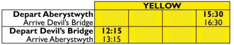 Train schedule with yellow header: Aberystwyth to Devil's Bridge, and return times listed.