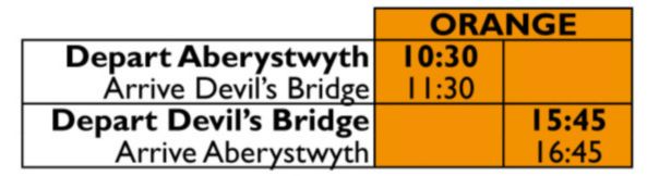 Train schedule with times for Aberystwyth and Devil's Bridge.