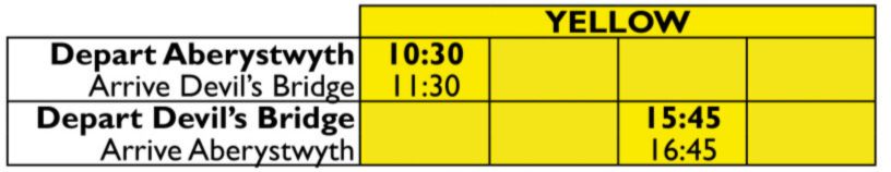 Train schedule: Depart Aberystwyth 10:30, Arrive Devil's Bridge 11:30; Depart Devil's Bridge 15:45, Arrive Aberystwyth 16:45.