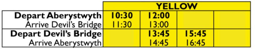 Yellow timetable: Aberystwyth to Devil's Bridge at 10:30, 12:00; return at 13:45, 15:45.