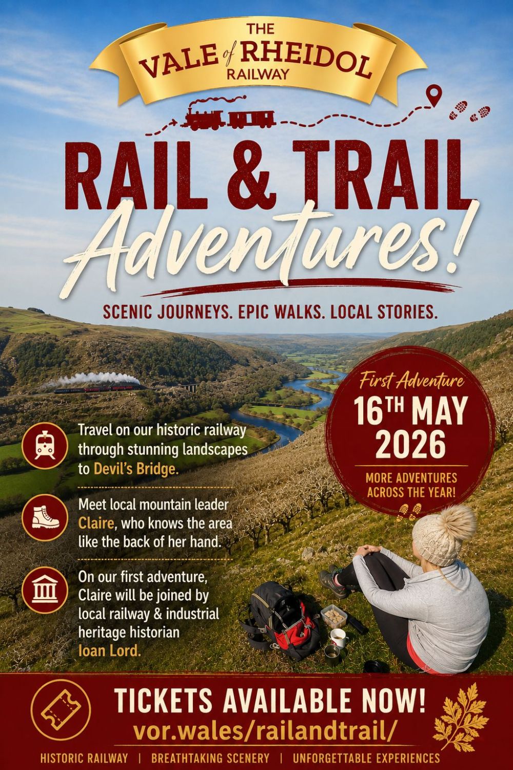 Poster for 'Rail & Trail Adventures' on May 16, 2026, featuring scenic railway journey details.