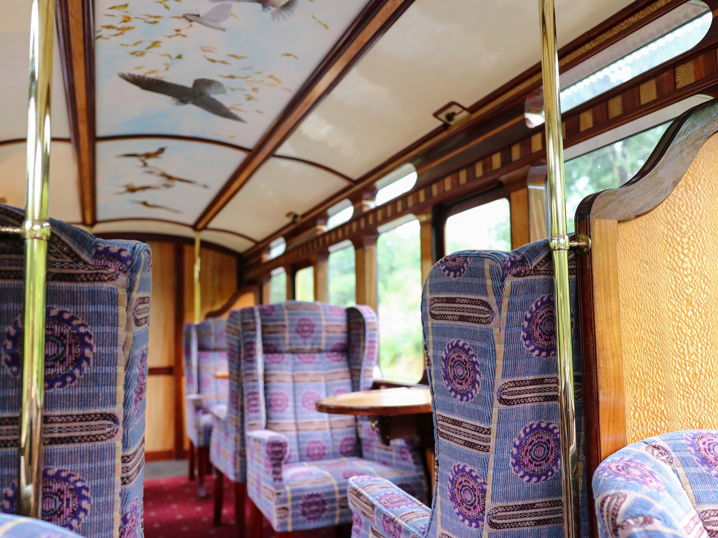 Vintage train interior with patterned seats and bird mural on ceiling.