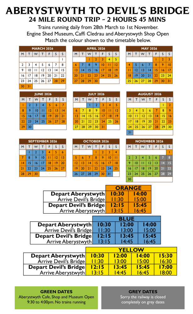 Color-coded train schedule from Aberystwyth to Devil's Bridge from March to November