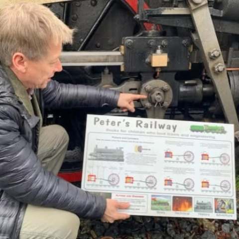 Person holding a sign about trains in front of train machinery.