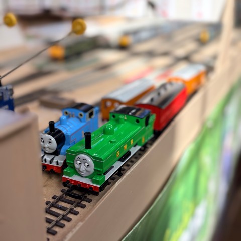 Toy trains on a model railway track with a green engine in the foreground.