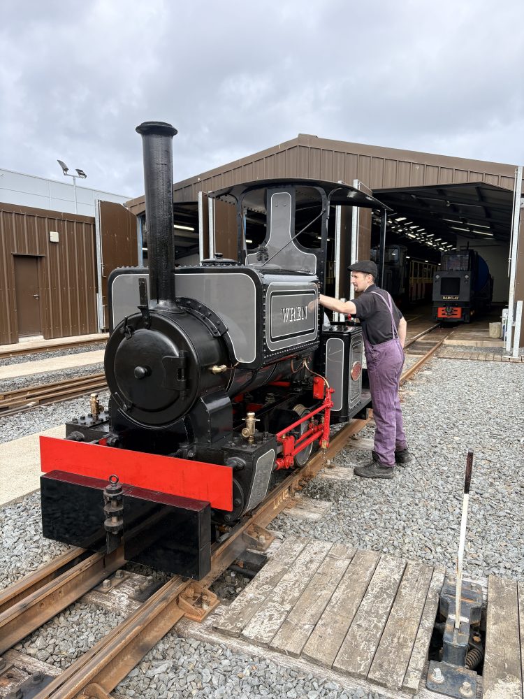Person in purple pants inspects a vintage steam locomotive on tracks near a shed.