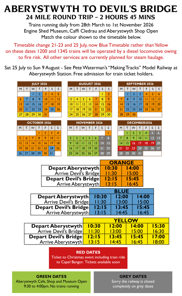 Railway timetable with color-coded train schedules and notes.