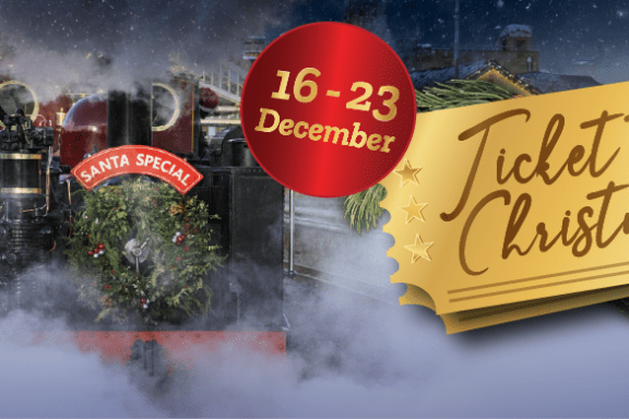 Steam train with 'Santa Special' sign and Christmas wreath, ticket reads '16-23 December, Ticket to Christmas'.