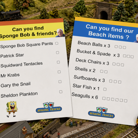 Two checklists with cartoon themes on a model train landscape.