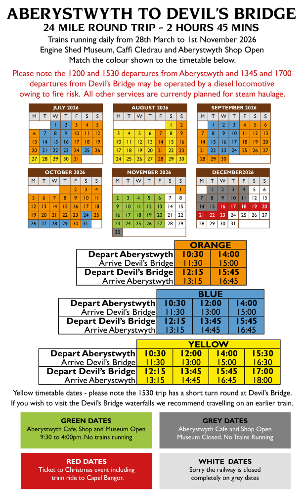 Train timetable for Aberystwyth to Devil's Bridge, displaying multiple colored schedules.