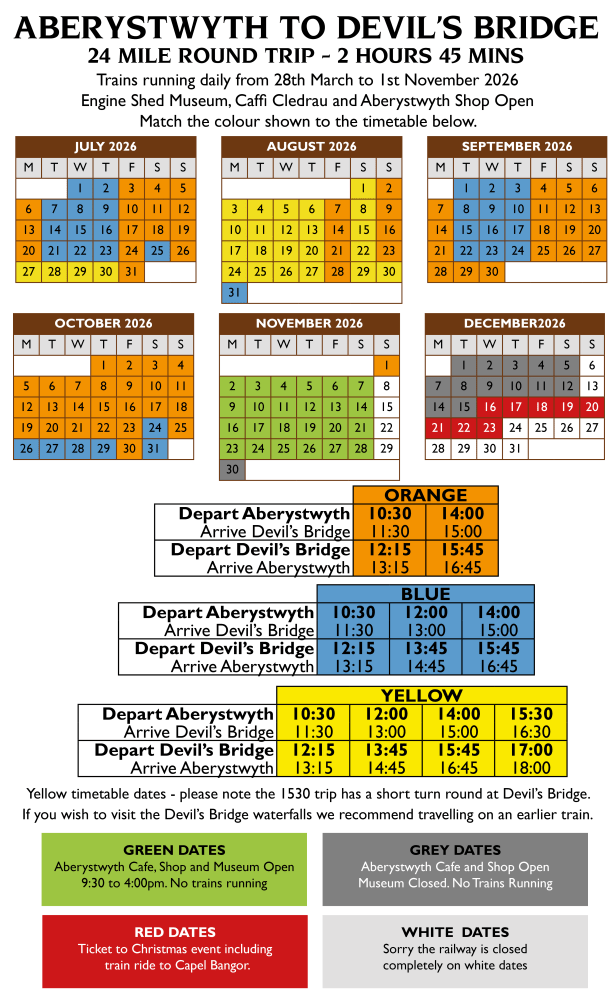 Aberystwyth to Devil's Bridge train timetable for 2026 in various colorus and dates.
