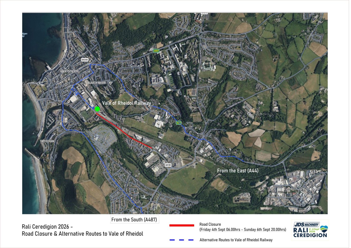 Map showing road course in a town, with blue and red lines marking routes.