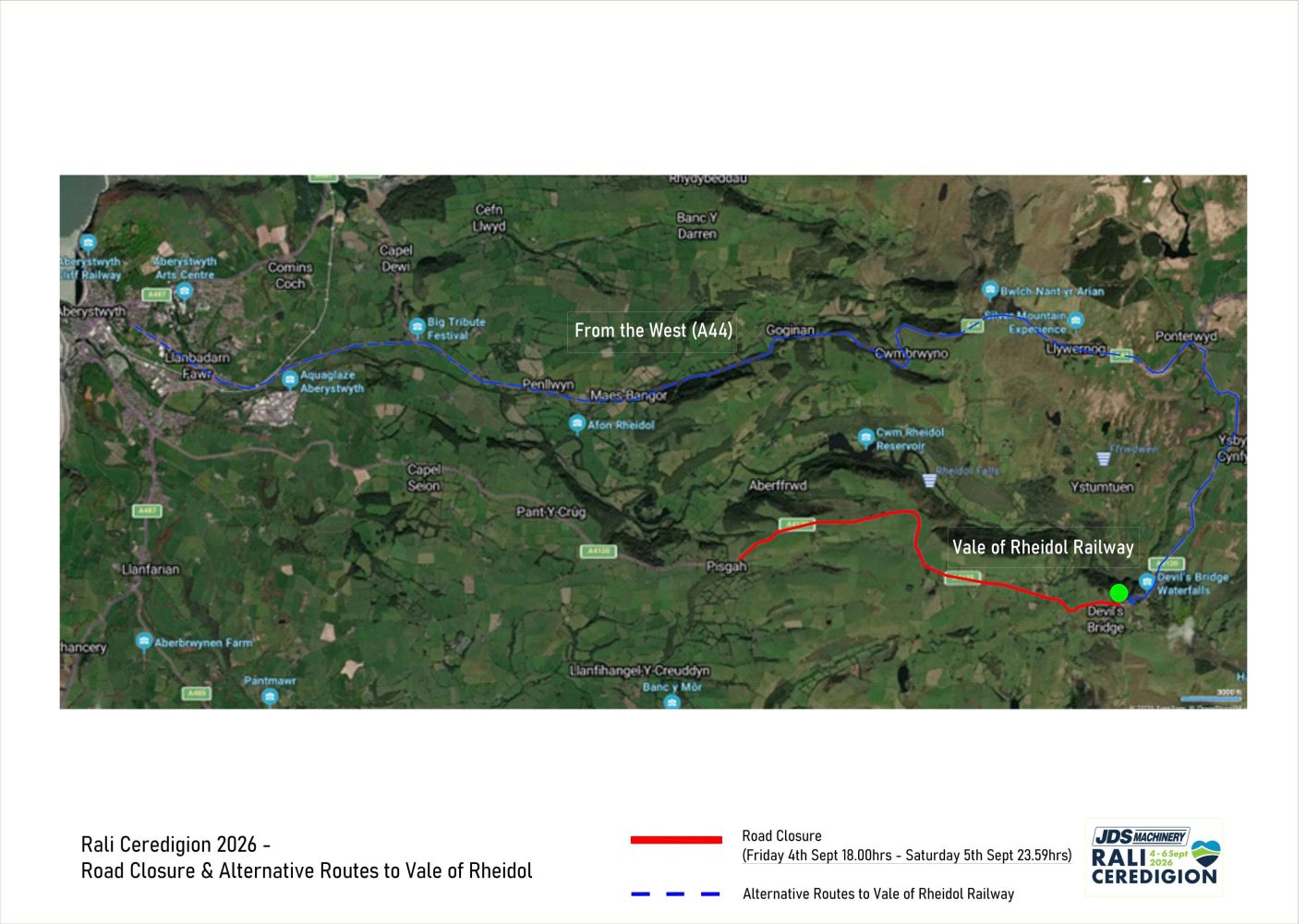 A map showing a red and blue route through green terrain.